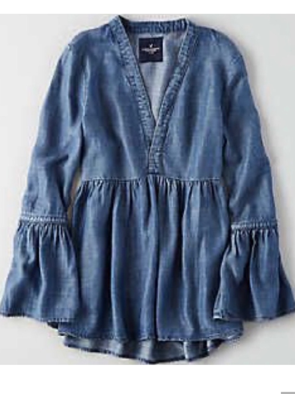 American Eagle Chambray Denim Blue V-Neck Bell Sleeve Tunic